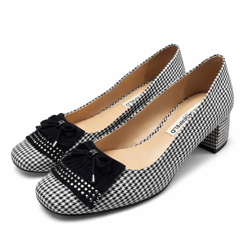 Karl Lagerfeld Houndstooth Fringe Bow Block Heels 8.5